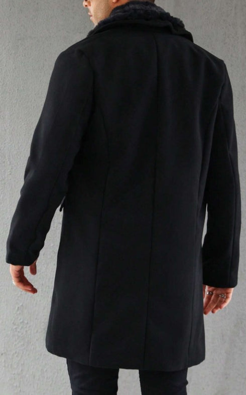 Mens Pea Coat With Fur Collar Coat - Wool and Cashmere Fabric Carcoat - Top Coat For Men black Color Overcoat