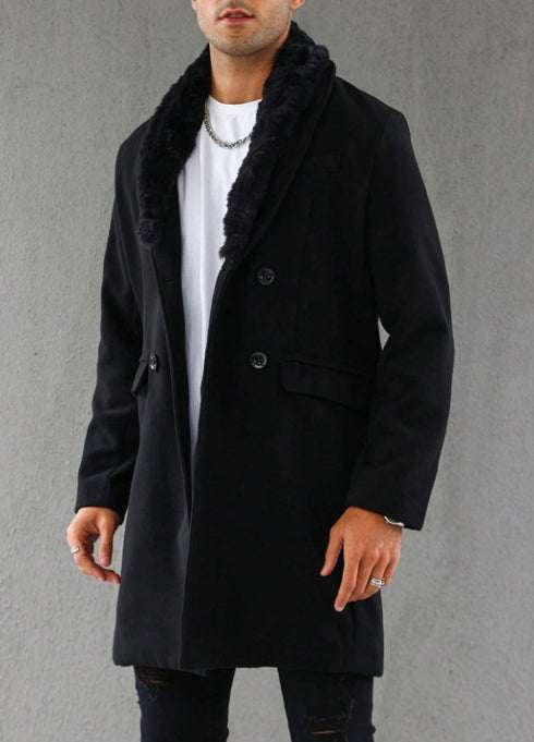 Mens Pea Coat With Fur Collar Coat - Wool and Cashmere Fabric Carcoat - Top Coat For Men black Color Overcoat