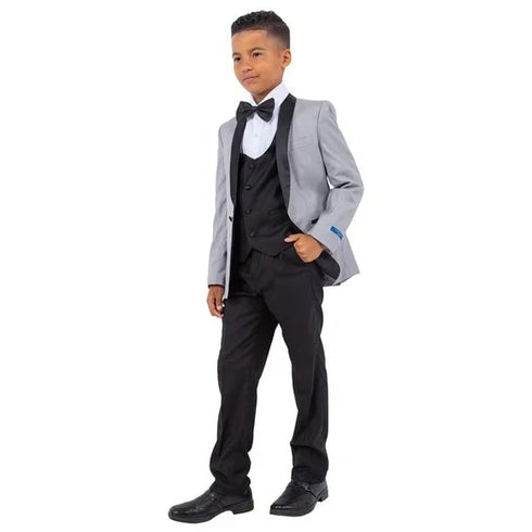 New Perry Ellis Boys Light Gray Tuxedo Set, Solid 5-Piece Black Shawl Collar