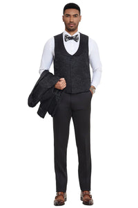 Mens Designer Wedding & Prom Shawl Lapel Vested Paisley Tuxedo in Black