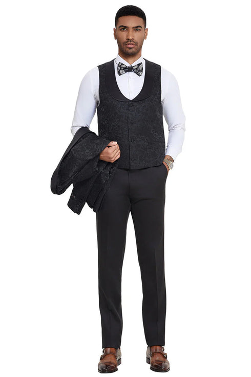 Mens Designer Wedding & Prom Shawl Lapel Vested Paisley Tuxedo in Black