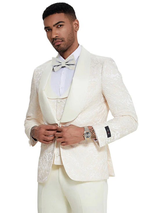 Mens Designer Wedding & Prom Shawl Lapel Vested Paisley Tuxedo in Ivory