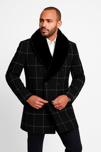 Mens Black Windowpane Wool Overcoat with Faux Fur Shawl Collar – Double-Breasted Long Coat