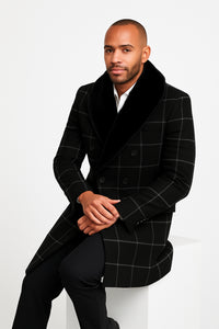 Mens Black Windowpane Wool Overcoat with Faux Fur Shawl Collar – Double-Breasted Long Coat