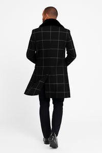 Mens Black Windowpane Wool Overcoat with Faux Fur Shawl Collar – Double-Breasted Long Coat
