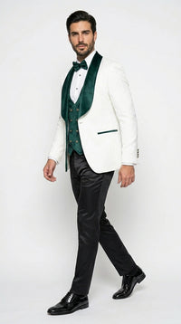 Marco Lorenzo Premium White Paisley 4 Piece Suit with Green Velvet Shawl Lapel and Matching Bow Tie