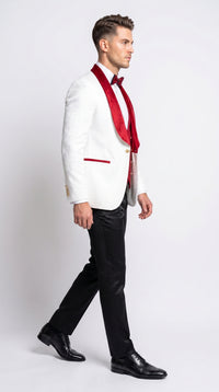 Marco Lorenzo Premium White Paisley 4 Piece Suit with Red Velvet Shawl Lapel and Matching Bow Tie
