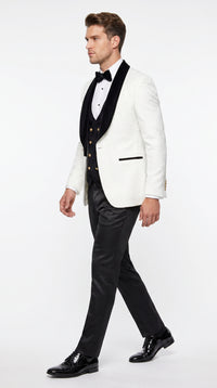 Marco Lorenzo Premium White Paisley 4 Piece Suit with Black Velvet Shawl Lapel and Matching Bow Tie