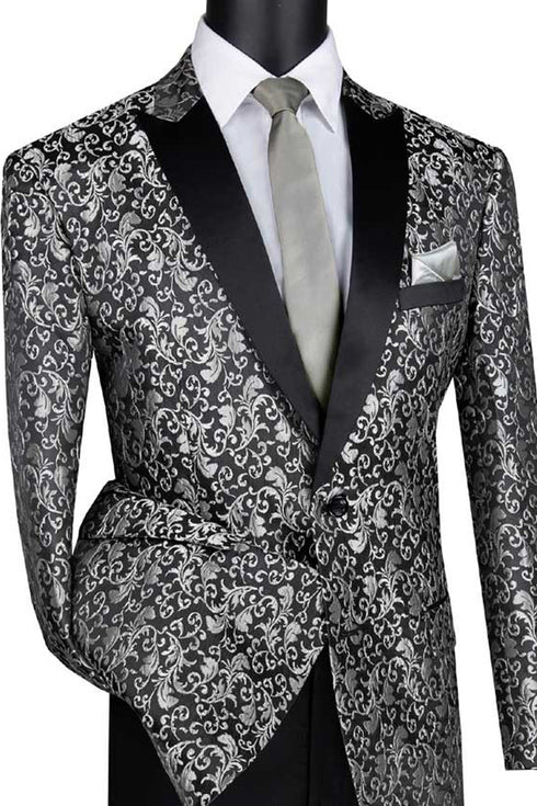 Mens Paisley Embroidered Regular Fit Sport Coat Silver Grey Tuxedo