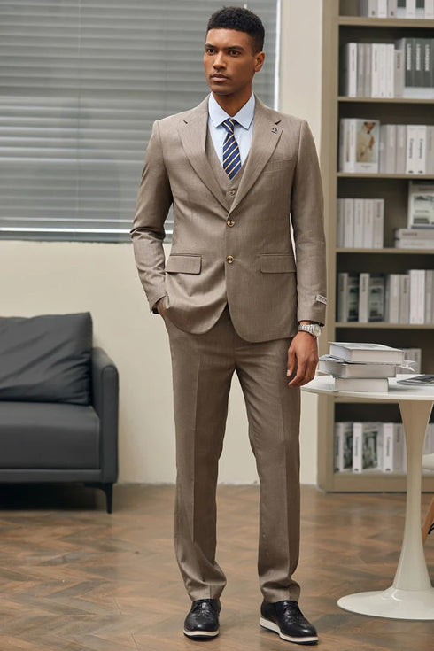 Men's Stacy Adam's Two Button Vested Sharkskin Business Suit in Dark Tan