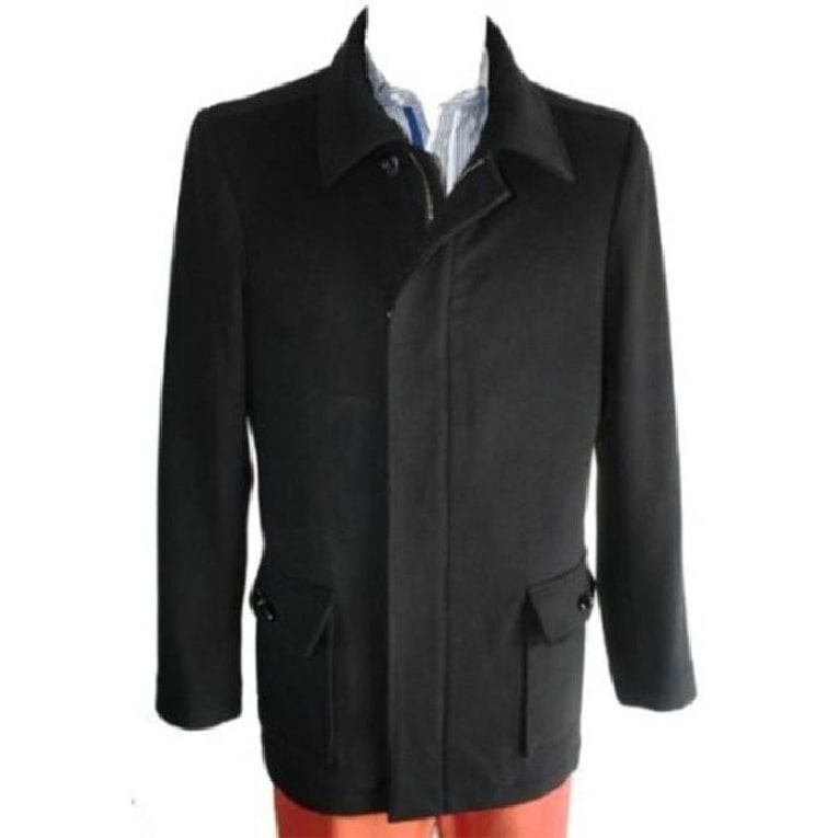 Single Breasted Pea Coat Wool Blend Four Button with Zipper Black Black 48 Regular