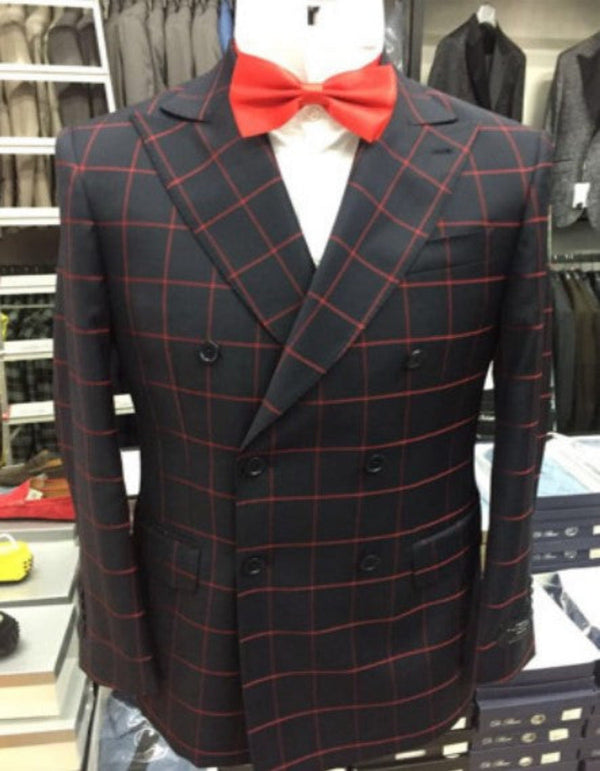 Double Breasted Suit in Black and Red Plaid Window Pane Suit - Gangster Suit 1920s Suit