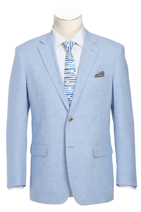 Mens Classic Two Button Linen & Cotton Summer Sport Coat Sky Blue Houndstooth Blazer