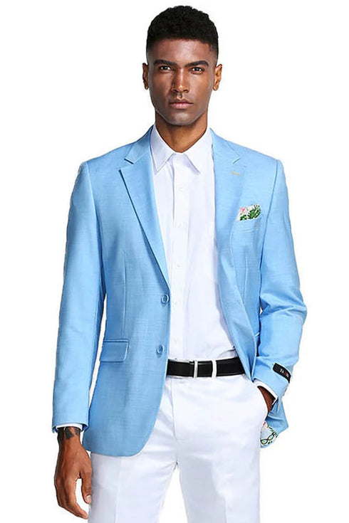 Mens two button slim fit linen style sky blue summer blazer