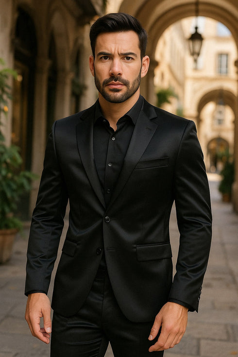 Black Satin Flex Two-Piece Suit – Slim Fit Sport Coat and Matching Pants