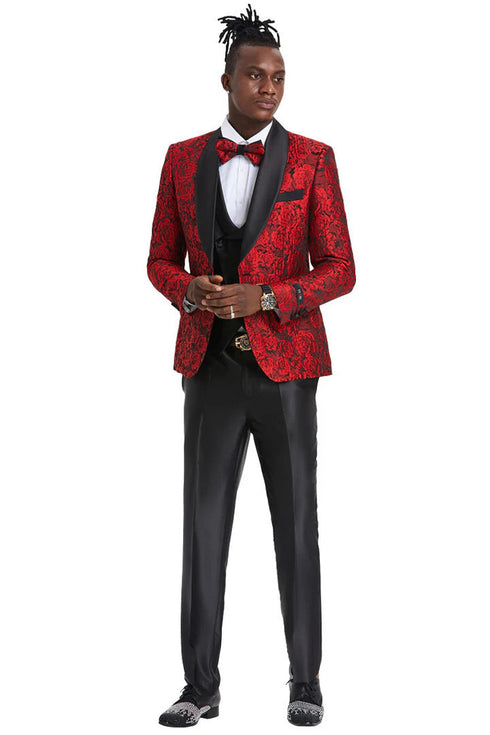 Men's One Button Slim Fit Shiny Paisely Floral Vested  Prom Tuxedo In Red