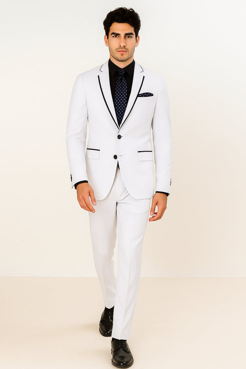 All White Mens Tuxedo -  Wedding Suit - Mens Two Button Slim Fit Vested Prom Tuxedo Suit With Trim In White