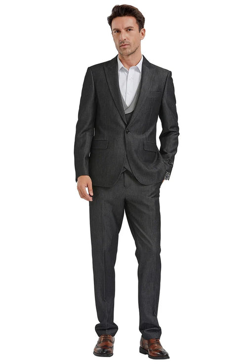 Men's One Button Peak Lapel Double Breasted Vest Suit In Black Sharkskin