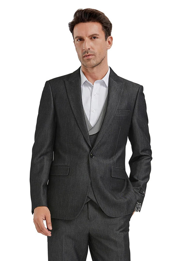 Men's One Button Peak Lapel Double Breasted Vest Suit In Black Sharkskin