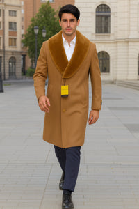 Mens Full Length And Cashmere Overcoat - Winter Topcoats - Light Brown Coat - Dark Camel - Vecuna Color