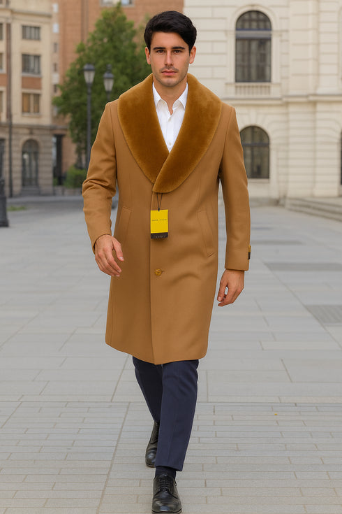 Mens Full Length And Cashmere Overcoat - Winter Topcoats - Light Brown Coat - Dark Camel - Vecuna Color