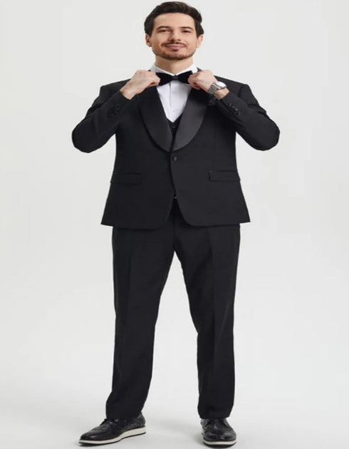 Black Tuxedo - Mens Wedding Suit Vested One Button - Black Prom Suit