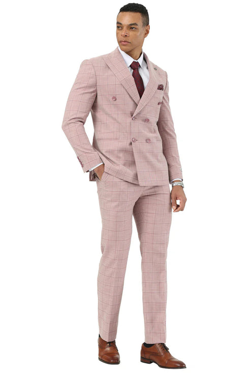 Mens Stacy Adams Double Breasted Summer Suit in Pink Windowpane Plaid