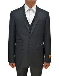 Mens 2 Button Peak Lapel Vested Prom Tuxedo in Black Black Prom Tuxedos