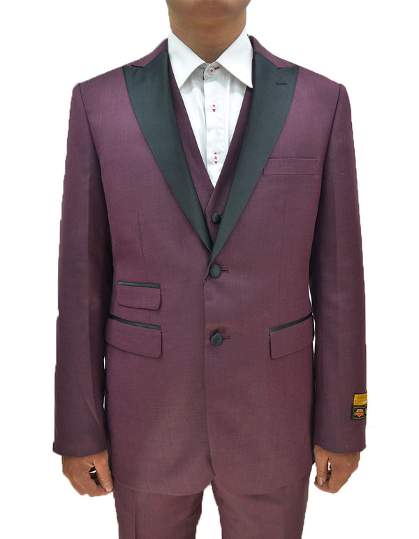 Mens 2 Button Peak Lapel Vested Prom Tuxedo in Burgundy