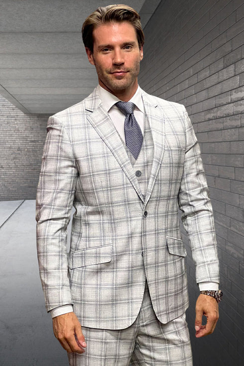 Men's Designer Vested Wool Suit in Tan Double Windowpane Plaid