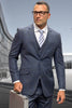 Men's Designer Two Button Vested Wool Windowpane Suit in Charcoal Grey