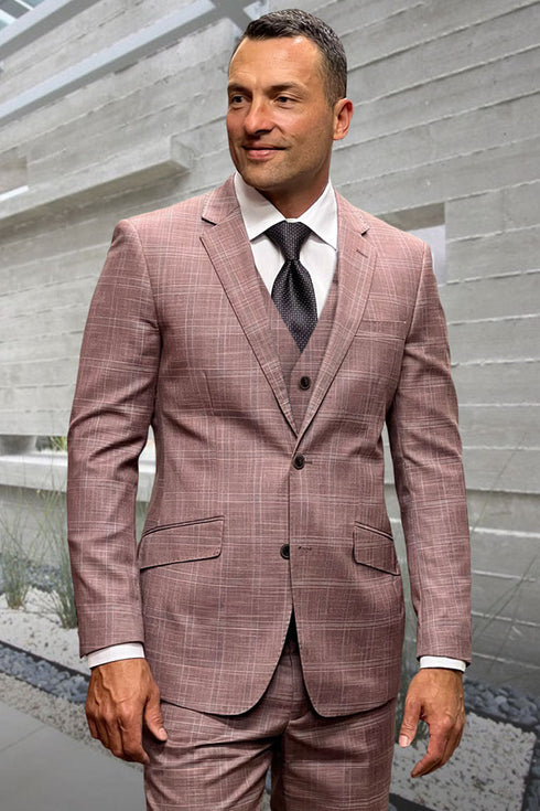 Men's Designer Two Button Vested Wool Windowpane Suit in Mauve Pink