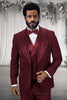 Men's Designer Wool Shawl Lapel Vested Tuxedo with Rhinestones in Burgundy