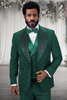 Mens Hunter Green Suit - Mens Designer Wool Shawl Lapel Vested Tuxedo with Rhinestones in Hunter Green