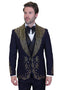 Men's Designer Embelished Rhinestone Jacquard Pattern Wedding & Prom Tuxedo in Black & Gold