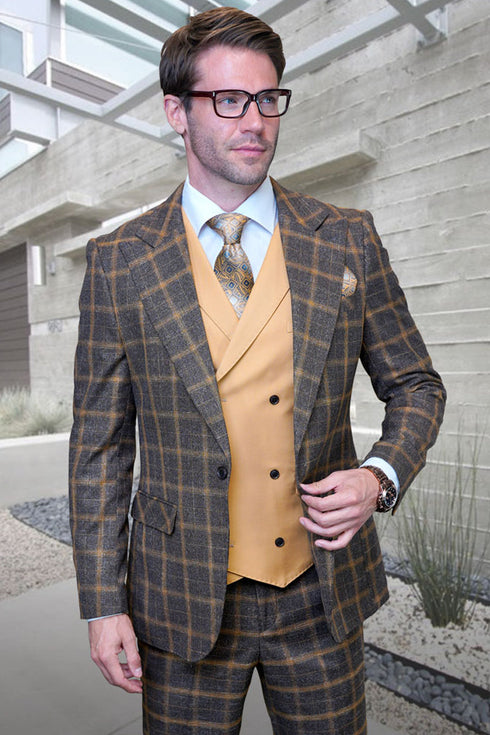 Men's Designer One Button Vested Wool Peak Lapel Suit in Camel & Gold Windowpane Plaid