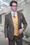 Men's Designer One Button Vested Wool Peak Lapel Suit in Camel & Gold Windowpane Plaid