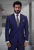 Men's Designer Two Button Peak Lapel Wool Suit in Navy Blue Windowpane Plaid