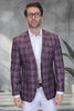 Men's Modern Fit Patch Pocket Designer Wool Summer Blazer in Burgundy Windowpane Plaid