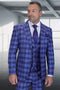 Men's Designer Two Button Modern Fit Vested Wool Suit in Indigo Blue Glen Plaid