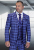 Men's Designer Two Button Modern Fit Vested Wool Suit in Indigo Blue Glen Plaid