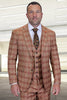 Men's Designer Two Button Modern Fit Vested Wool Suit in Rust Glen Plaid