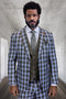Men's Designer Modern Fit Wool Suit in Blue Plaid with Contrasting Vest
