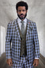 Men's Designer Modern Fit Wool Suit in Blue Plaid with Contrasting Vest