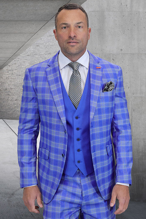 Men's Designer Modern Fit Wool Suit in French Blue Plaid with Contrasting Vest