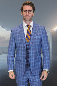 Men's Designer Modern Fit Wool Vested Suit in Indigo Blue Plaid