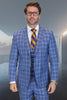 Men's Designer Modern Fit Wool Vested Suit in Indigo Blue Plaid