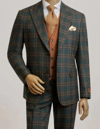 Mens Peak Lapel Modern Fit - No Pleated Pants Designer Brand Green 3 Piece Vested Suit
