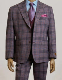 Mens Peak Lapel Modern Fit - No Pleated Pants Designer Brand Single Breasted Mauve 3 Piece Vested Suit