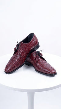 Los Altos Men’s Burgundy Crocodile Shoes, Exotic Gator Lace-Up Formal Dress Shoes